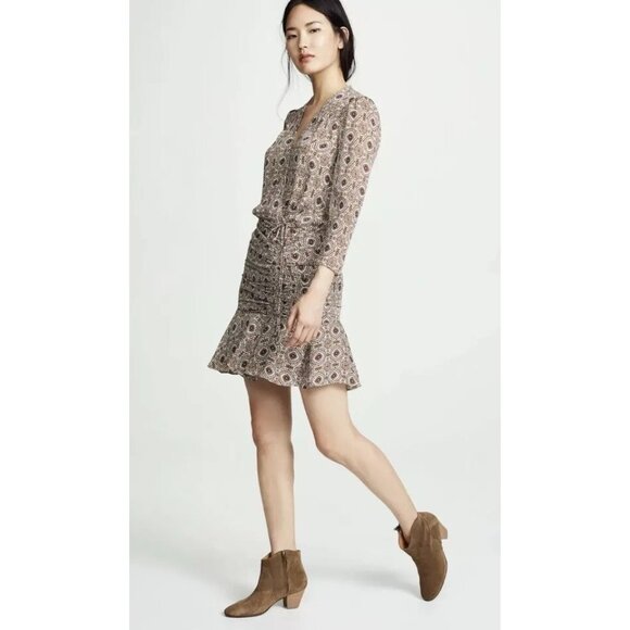 VERONICA BEARD Brown 3/4 V-Neck Alamo Print Silk Mini Dress SZ 8 - Picture 1 of 11
